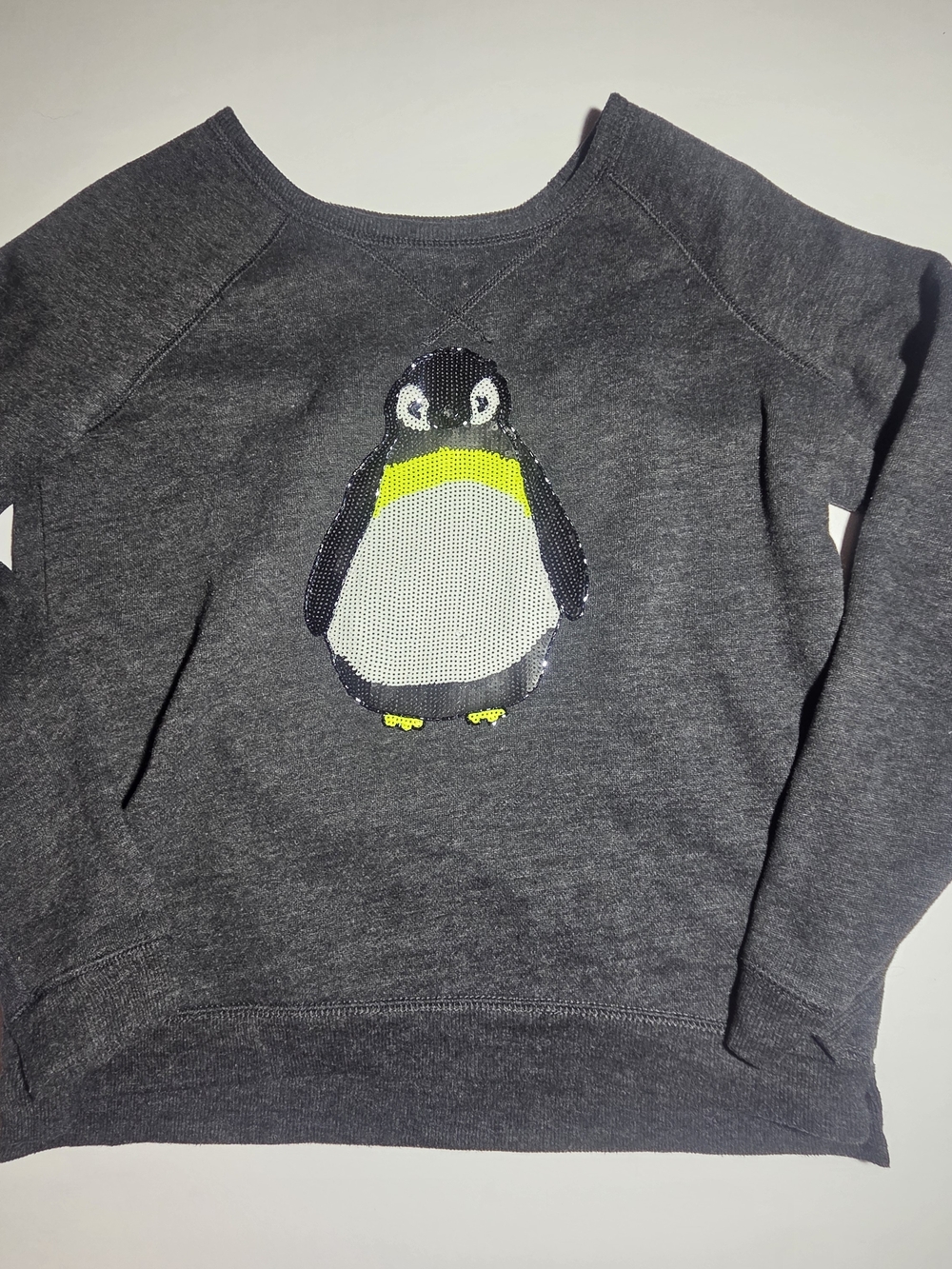 American Eagle Women’s M Sequin Penguin Raglan Sweatshirt Gray Wide Neck Soft